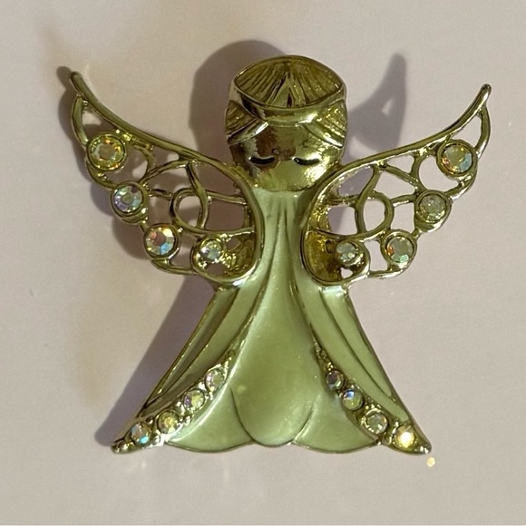Jewelry - Gold Tone Angel Brooch with Rhinestones